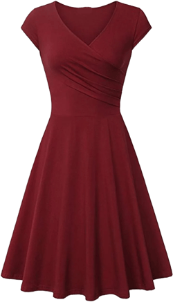 OMZIN Women's Summer 1950s Vintage Dress Wrap V Neck Cap Sleeve Dress Cocktail Swing Dress A-Line Flared Midi Dress Large Wine Red