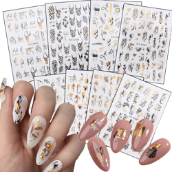Laser Gold Flowers Leaf Leopard Print Abstract Face Lines Nail Art Stickers, Holographic 3D Nail Self-Adhesive Sticker Design for Women Girls Manicure Decorations, Resin Transfer Decals Nail Art Tips Gold Design SJ001-009