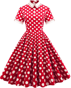 Women 50s Vintage Polka Dot Cocktail Swing Dress Short Sleeve Turn-Down Collar Large Red