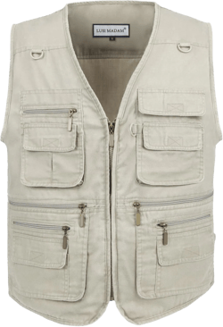 Men's Stone Washed Denim Multi-pocketed Fishing Work Outerwear Vest Large Beige