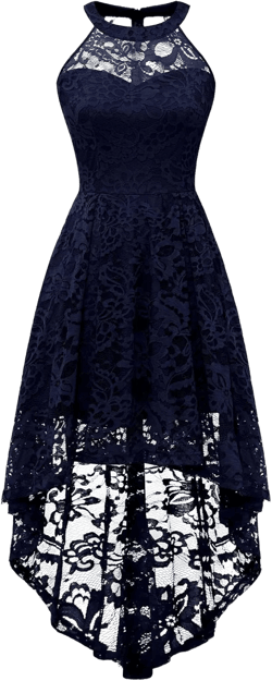 Dressystar Women's Halter Lace Cocktail Wedding Guest Dress Hi-Lo Bridesmaid Party Dresses with Sheer Neckline B-navy X-Small