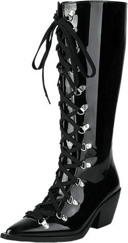 KysBloes Women Gothic Knee High Cowboy Boots Pointed toe Patent Leather Tall Boots with Chain,Victorian Goth Boots Lace Up Knee High Boots 9 Z-black-qi