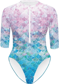 Women's One Piece Swimsuits Zipper Front Tummy Control Printed Bathing Suit Surfing Athletic High Cut Swimwear XX-Large Mermaid Pink Blue