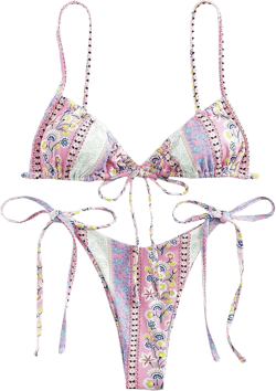 WDIRARA Women's Floral Print Tie Side Swimwear Straps Bikini Sets Swimsuits Pink M