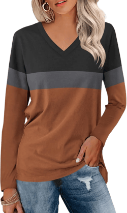 ORANDESIGNE Women's Long Sleeve Color Block Tunics Tops V Neck Casual Cute Shirts Fall Loose Fit Blouses Tees