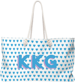 Preppy Pink Hearts Rope Handle Tote Pool Beach Boat Weekender Bag with choice of Monogram PersonalizedMade in USA