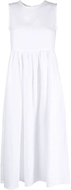 pleated sleeveless linen midi dress