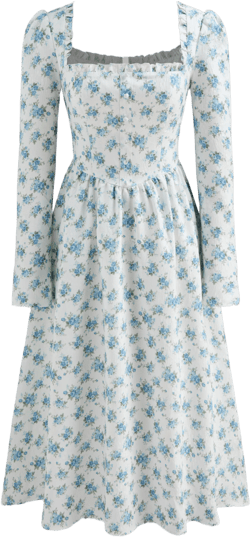 Square Neck Floral Ruffle Lettuce Trim Midi Dress