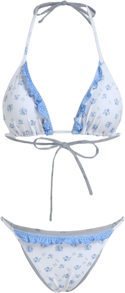 Halter Neckline Floral Lettuce Trim Triangle Bikini Set
