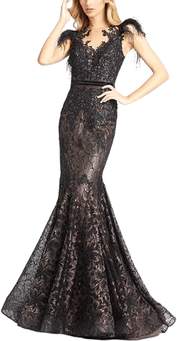 Mac Duggal Embellished Feather Cap Sleeve Illusion Neck Trumpet Gown