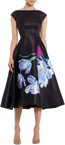 Mac Duggal Satin Cap Sleeve Midi Dress With Floral Print