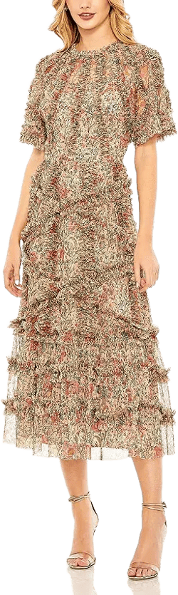 Mac Duggal Women's Floral Flutter Sleeve Mesh Print Dress