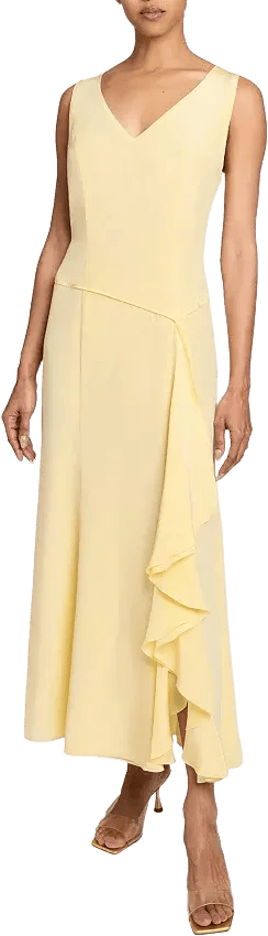 Santorelli EMERSON Sleeveless Silk Midi Dress with Skirt Side Cascading Ruffles