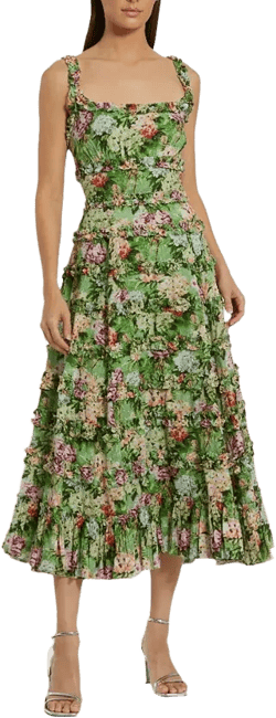 Mac Duggal Ruffle Floral Square Neck Midi Dress