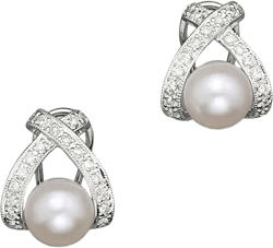 Cultured Pearl "X" Earrings with Diamonds, 7mm