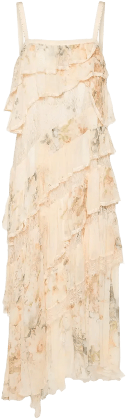 lace-trim asymmetric midi dress