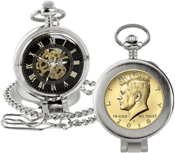 16274 Gold-Layered JFK Half Dollar Coin Pocket Watch with Skeleton Movement, Black Dial with Gold Roman Numerals - Magnifying Glass