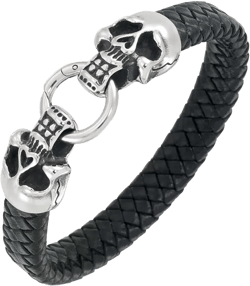 Men's Leather Skull Head Bracelet in Stainless Steel