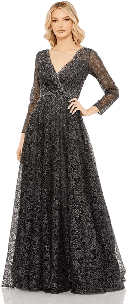 Women's Embellished Illusion Long Sleeve V Neck Gown