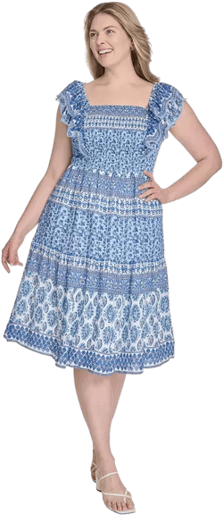Plus Size Printed Square-Neck Cap-Sleeve Dress