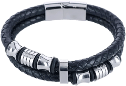 Loose Fit Silver and Leather 2 Band Secure Clasp Leather Bracelet