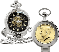16276 Gold-Layered JFK 1964 First Year of Issue Half Dollar Coin Pocket Watch with Skeleton Movement, Black Dial with Gold Roman Numerals - Magnifying Glass