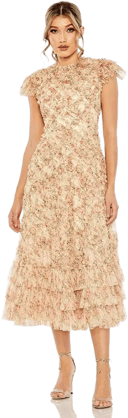 Mac Duggal Women's Ruffle Tiered Short Sleeve A Line Dress