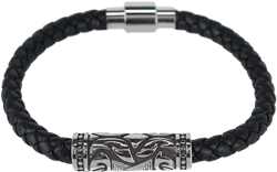 Trafalgar Silver Filigree Pattern on Black Leather Bracelet
