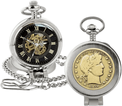 16279 Gold-Layered Silver Barber Half Dollar Coin Pocket Watch with Skeleton Movement, Black Dial with Gold Roman Numerals - Magnifying Glass