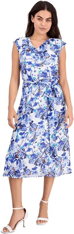 AK Anne Klein Petite Printed Tie-Waist Cap-Sleeve Midi Dress