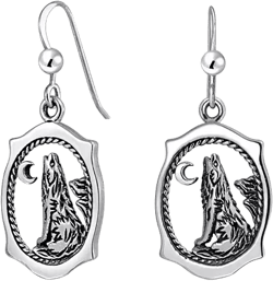 Bling Jewelry Oval Animal Totem Amulet Wicca Jewelry Crescent Moon And Stars Werewolf Celestial Howling Wolf Dangling Earrings Oxidized Sterling Silver Fish Hook