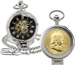 16277 Gold-Layered Silver Franklin Half Dollar Coin Pocket Watch with Skeleton Movement, Black Dial with Gold Roman Numerals - Magnifying Glass