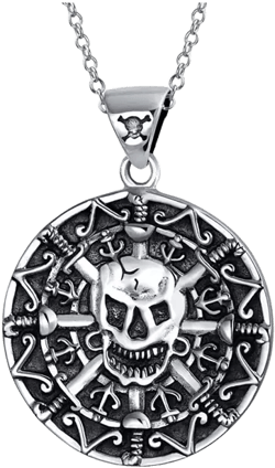 Round Coin Heavy Large Medallion Caribbean Aztec Pirates Skull Pendant Necklace Oxidized Sterling Silver