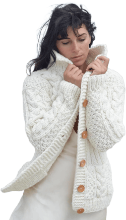 Women&#39;s Wool Cardigan Sweater Jacket with Pockets/White Hand knit Fisherman Cardigan/Chunky Wool Cardigan/Self-Care Sweater/Grandpa Cardigan