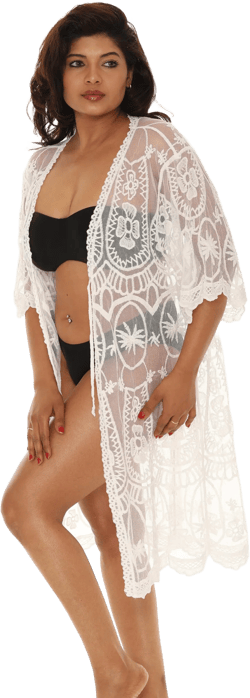 Women Plus Floral Lace Sheer Long Open-Front Kimono, Boho Lace Duster Cardigan, Summer Beach Resort Poolside Wear, PLUS -Size Swim Cover-Up