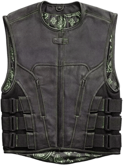 Green Paisley Lining Bullet Proof Style Vest for Men - BLACK Real Cowhide Leather Waistcoat Biker&#39;s SWAT Style Genuine Leather Vest for Men