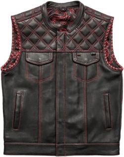 Bold Black Leather Vest – Distinctive Sleeveless Design with Paisley Lining, Flap Pockets, and Red Stitch Accents
