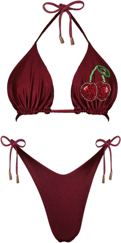 Handmade Burgundy Red Bikini Swimsuit Set | Beaded Sequin Cherry Fruit | Butterfly Embroidery | Czech Beads | Tropical Sparkly Beachwear