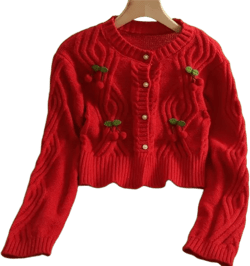 Womens Cherry Knitted Cardigans, Chic Y2k Style Sweaters, Cozy Warm Autumn Cardigans, Streetwear Long Sleeve Knitwear, Floral Fit Cardigans