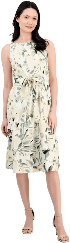 Anne Klein Women's Linen Blend Floral-Print Tie-Waist Sleeveless Dress
