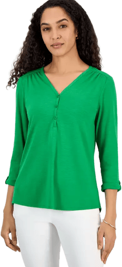 Women's Draped Cuffed-Sleeve Henley-Neck Top