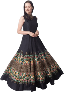 RAAS Women's Black Floral Embroidered Evening Gown