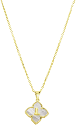 14K Gold-Plated White Mother-of-Pearl Initial Floral Necklace