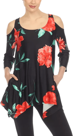 Women's Floral Printed Cold Shoulder Tunic Top