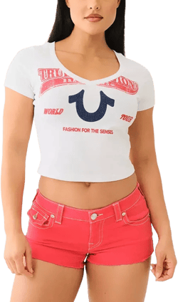 True Religion Women's Crystal Logo V-Neck Baby T-Shirt