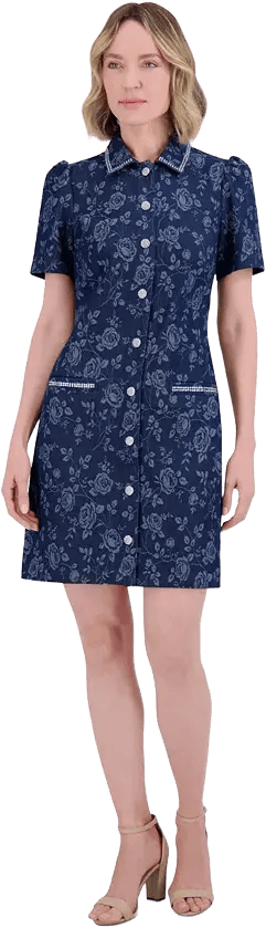 Eliza J Petite Floral Print Puff-Sleeve Denim Shirt Dress