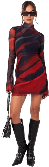 Women's Printed Mesh Lettuce Hem Mini Dress With Side Slits And Bell Sleeves