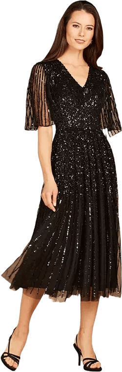 Women's Flowing, Sequin Midi Dress with Short Sleeves