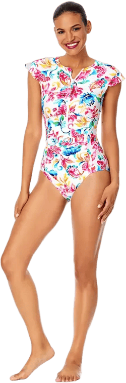Women's Watercolor Paisley Flutter-Sleeve Zip-Front One-Piece Swimsuit