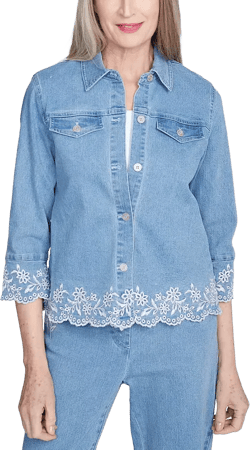 Alfred Dunner Petite Embroidered Scallop-Edge Denim Jacket